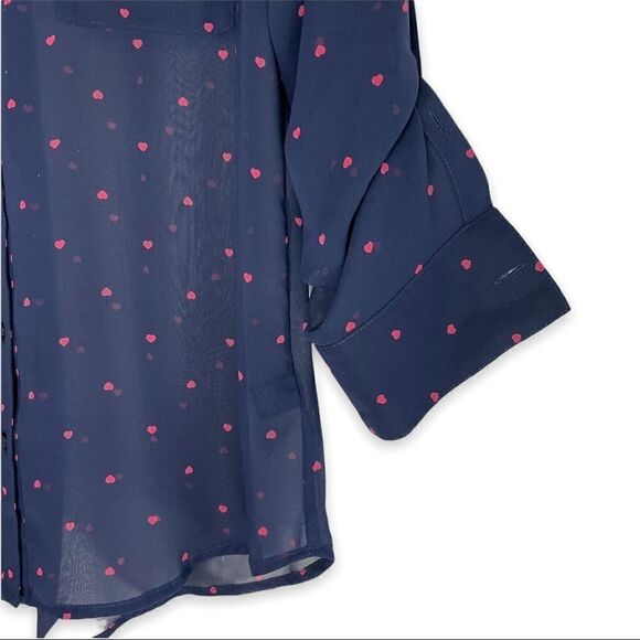 Express Portofino Shirt Semi Sheer Navy Heart Print Button Down - Picture 4 of 8